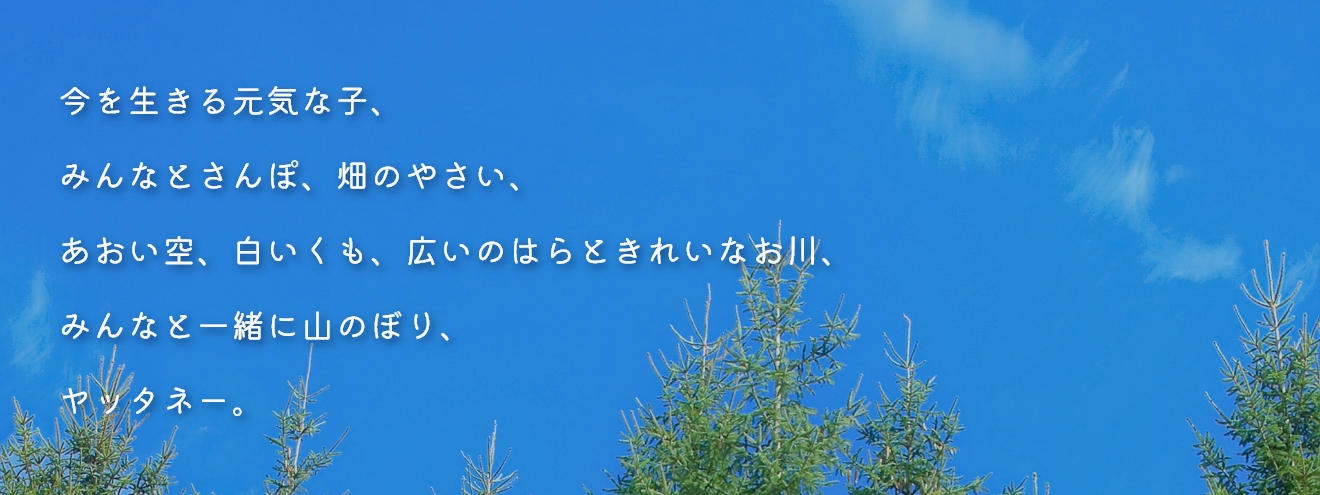 今を生きる元気な子、みんなとさんぽ、畑のやさい、あおい空、白いくも、広いのはらときれいなお川、みんなと一緒に山のぼり、ヤッタネー。